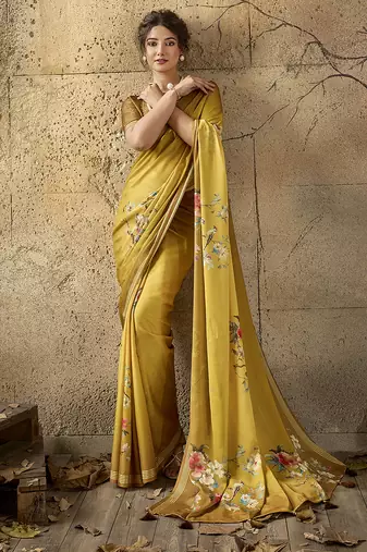 Mustard georgette floral printed saree with unstitched blouse