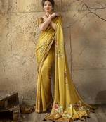 Mustard georgette floral printed saree with unstitched blouse