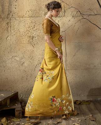 Mustard georgette floral printed saree with unstitched blouse 2