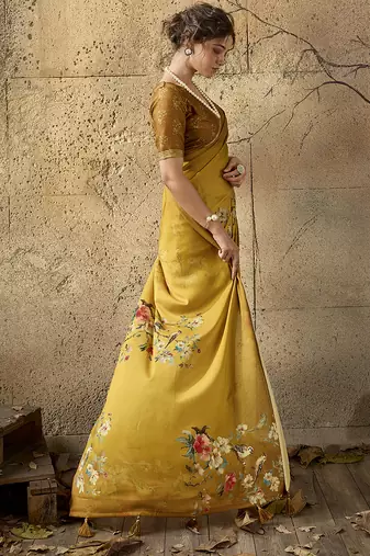 Mustard georgette floral printed saree with unstitched blouse