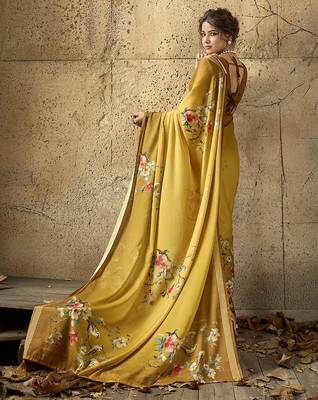 Mustard georgette floral printed saree with unstitched blouse 3