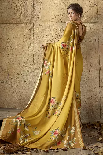 Mustard georgette floral printed saree with unstitched blouse