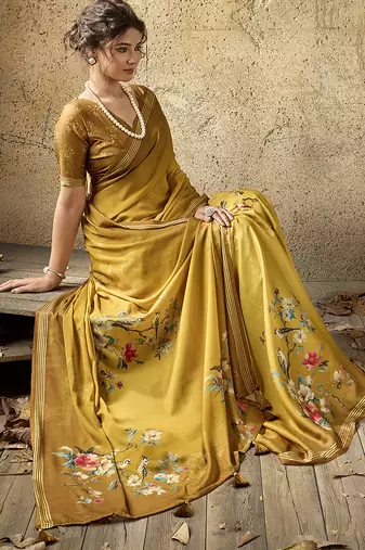 Mustard georgette floral printed saree with unstitched blouse