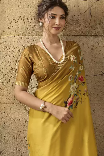 Mustard georgette floral printed saree with unstitched blouse