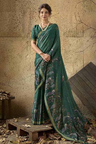 Bottle green georgette floral printed saree with unstitched blouse