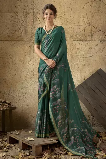 Bottle green georgette floral printed saree with unstitched blouse