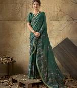 Bottle green georgette floral printed saree with unstitched blouse