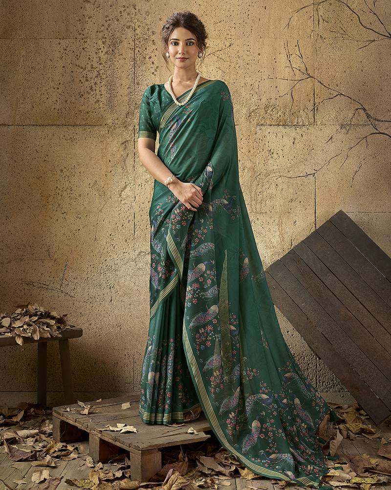 Bottle green georgette floral printed saree with unstitched blouse