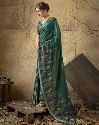 Bottle green georgette floral printed saree with unstitched blouse 2