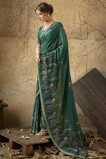 Bottle green georgette floral printed saree with unstitched blouse