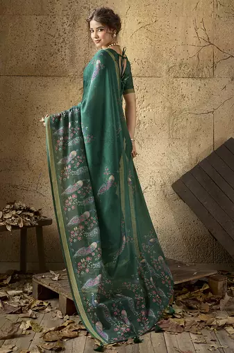 Bottle green georgette floral printed saree with unstitched blouse