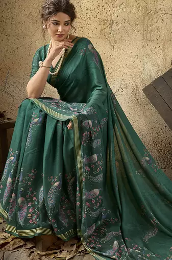 Bottle green georgette floral printed saree with unstitched blouse