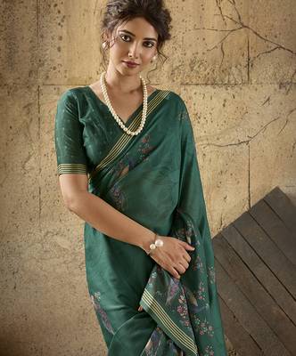 Bottle green georgette floral printed saree with unstitched blouse 5