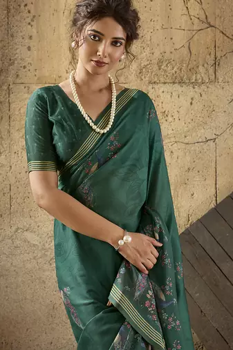 Bottle green georgette floral printed saree with unstitched blouse