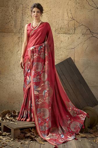 Red georgette floral printed saree with unstitched blouse