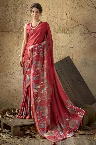 Red georgette floral printed saree with unstitched blouse