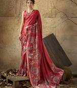 Red georgette floral printed saree with unstitched blouse