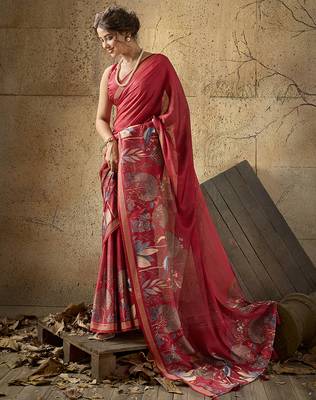Red georgette floral printed saree with unstitched blouse 2
