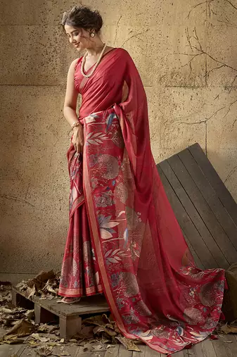 Red georgette floral printed saree with unstitched blouse