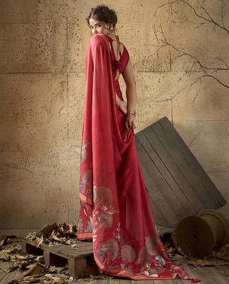 Red georgette floral printed saree with unstitched blouse 3