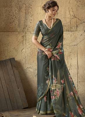 Dark green georgette floral printed saree with unstitched blouse 1