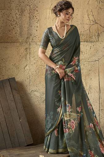 Dark green georgette floral printed saree with unstitched blouse