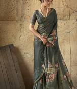 Dark green georgette floral printed saree with unstitched blouse