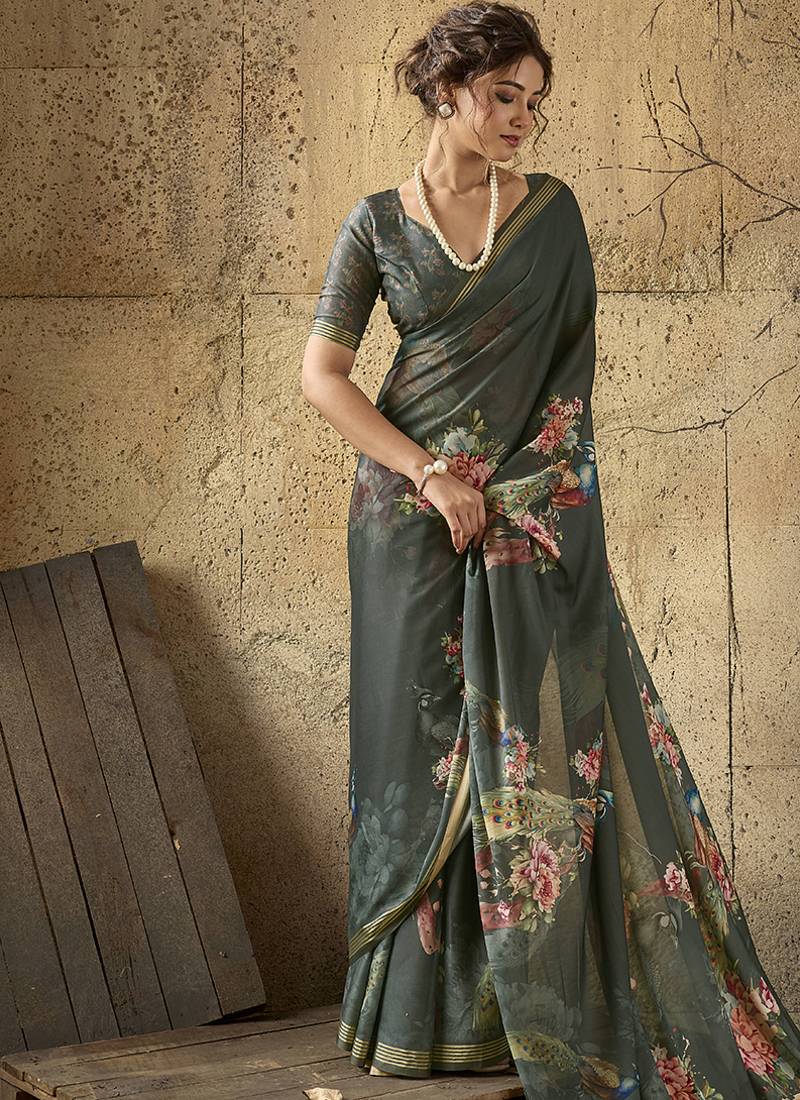 Dark green georgette floral printed saree with unstitched blouse
