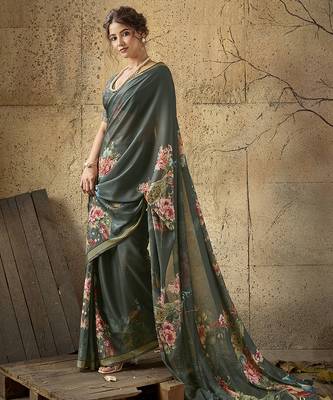Dark green georgette floral printed saree with unstitched blouse 2