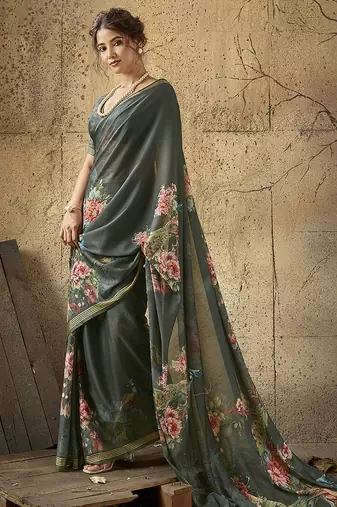 Dark green georgette floral printed saree with unstitched blouse