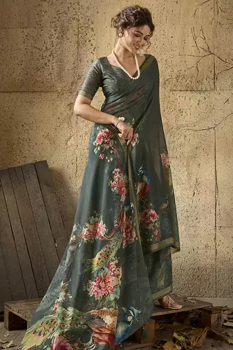 Dark green georgette floral printed saree with unstitched blouse