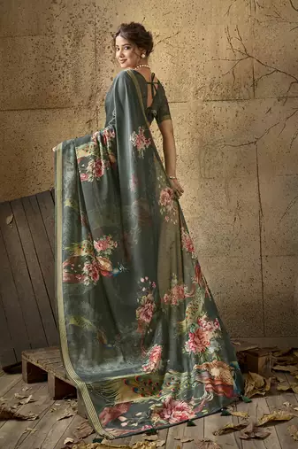 Dark green georgette floral printed saree with unstitched blouse