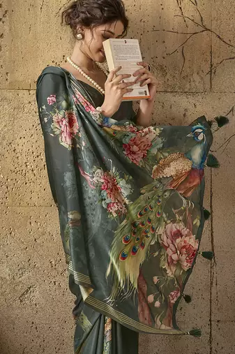 Dark green georgette floral printed saree with unstitched blouse