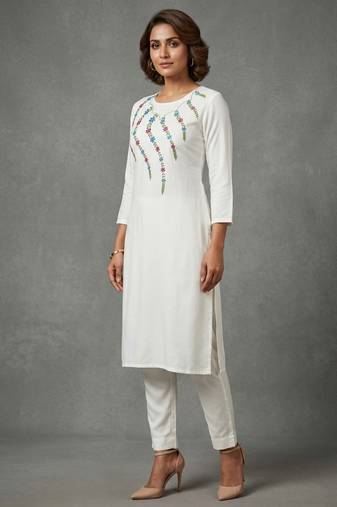 White rayon embroidered kurta set