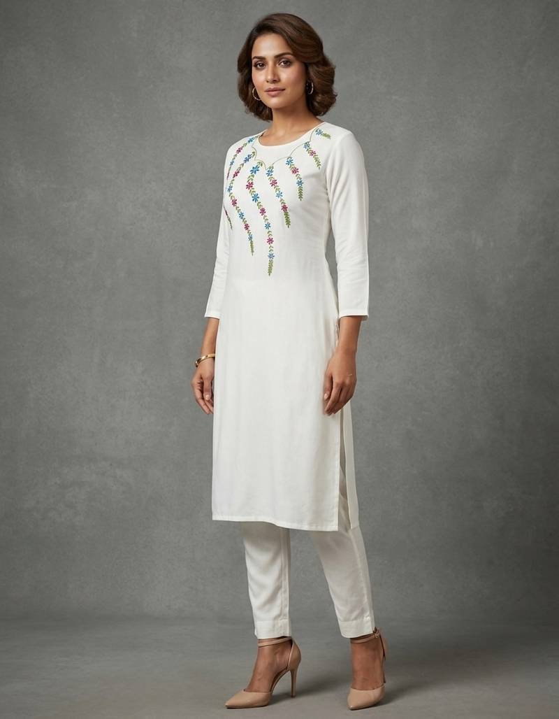 White rayon embroidered kurta set