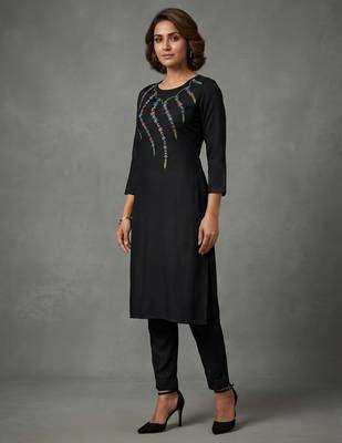 Black rayon embroidered kurta set 1