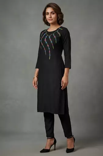 Black rayon embroidered kurta set