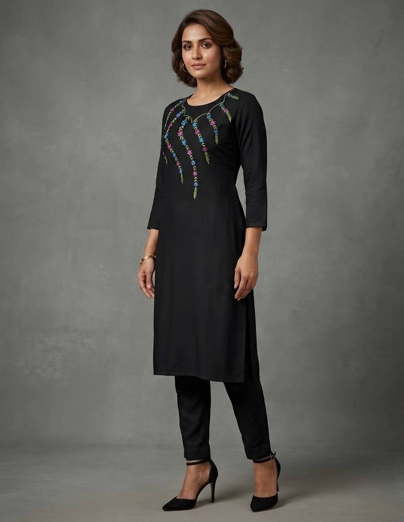 Black rayon embroidered kurta set