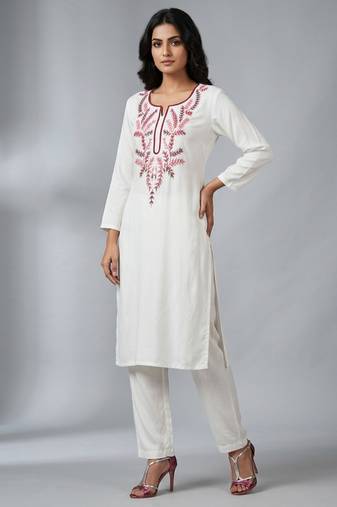 White rayon embroidered kurta set