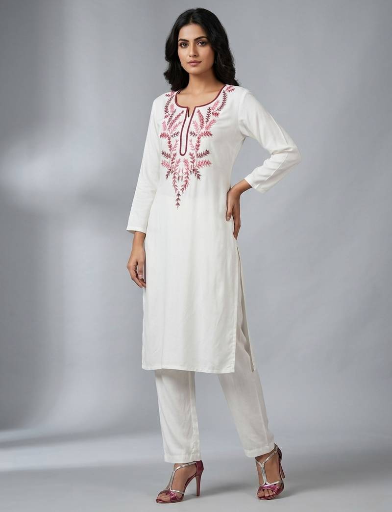 White rayon embroidered kurta set