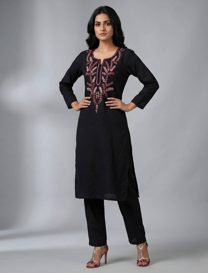 Black rayon embroidered kurta set