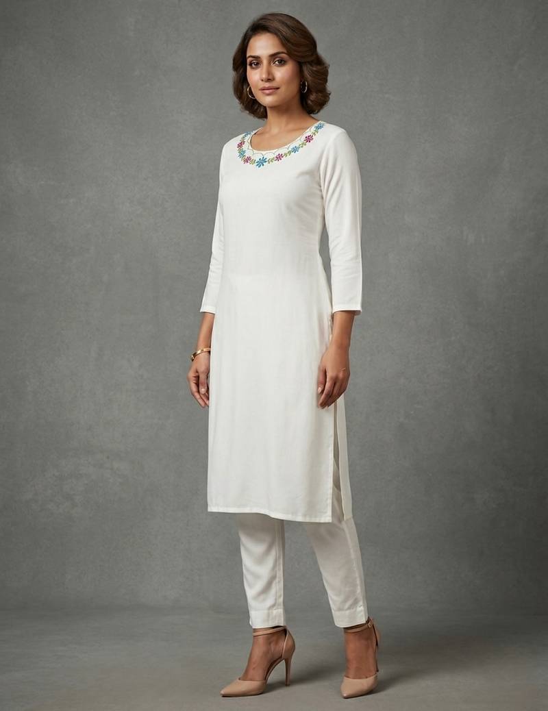 White rayon embroidered kurta set