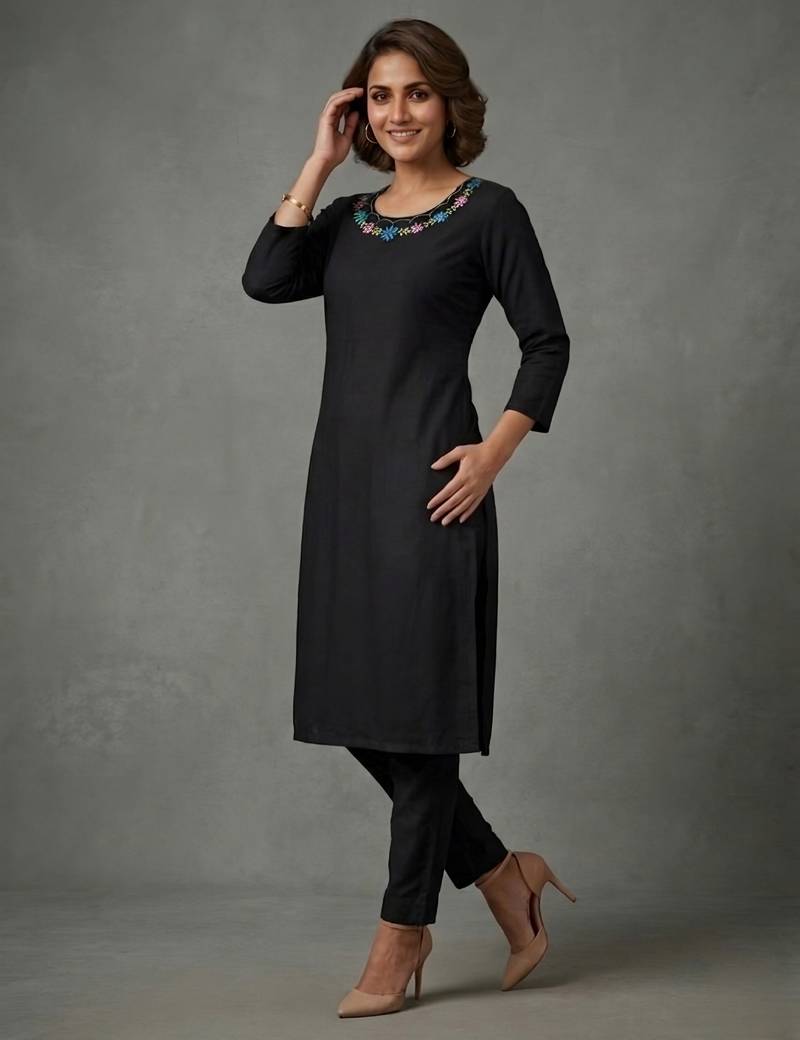 Black rayon embroidered kurta set