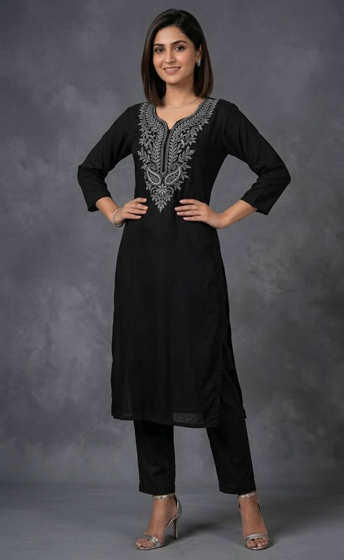 Black rayon embroidered kurta set