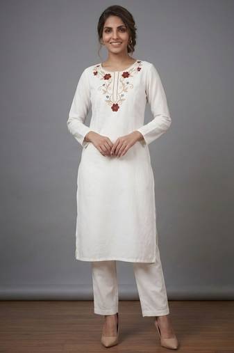 White rayon embroidered kurta set