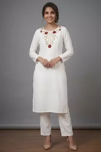 White rayon embroidered kurta set