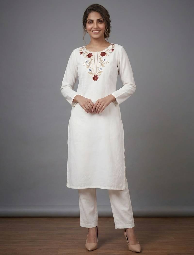 White rayon embroidered kurta set