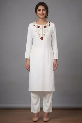 White rayon embroidered kurta set