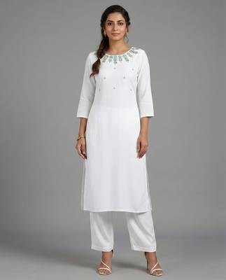 White rayon embroidered kurta set 1