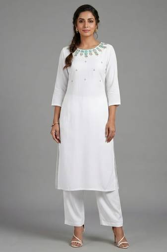 White rayon embroidered kurta set